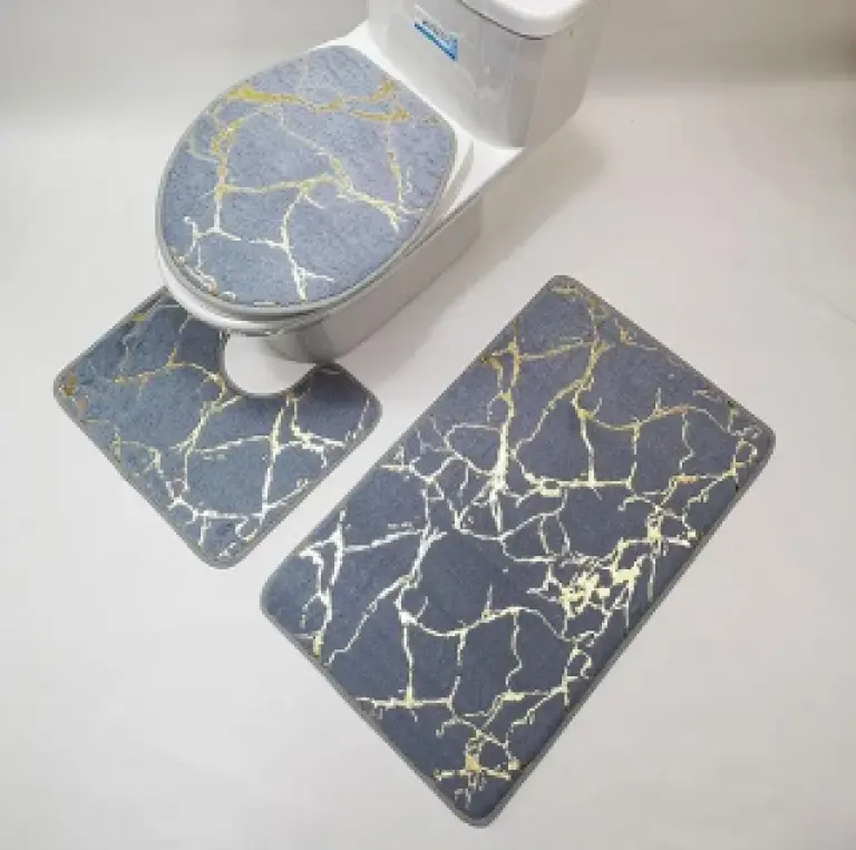 Ensemble 3 Tapis Salle de Bain Effet Marbre Gris & Or – Design Minimaliste Luxe