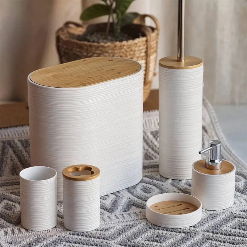 Ensemble Accessoires Salle de Bain 6 Pièces Bambou & Blanc – Design Éco Moderne