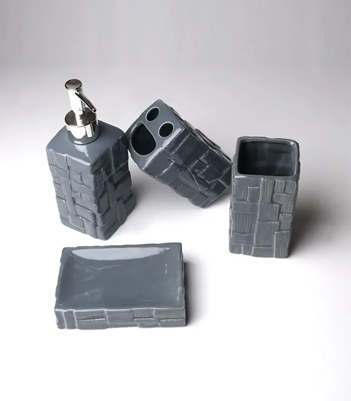 Set Accessoires Salle de Bain 4 Pièces en Céramique – Blanc & Gris