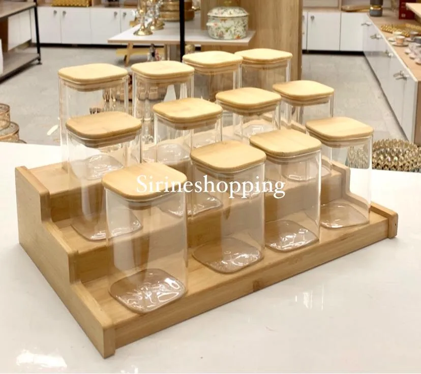 Ensemble 12 Bocaux en Verre & Organiseur Épices en Bois – Cuisine Design