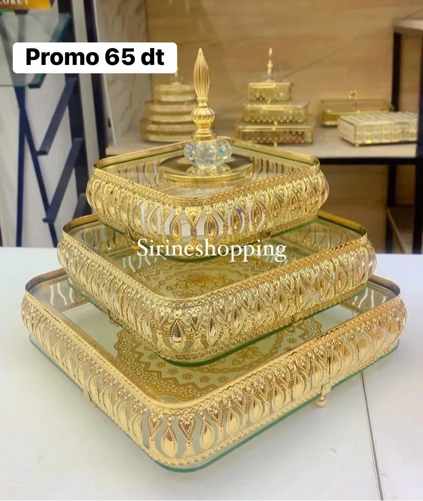 Série 3 Bonbonières Carrées Verre & Métal Doré – Design Géométrique