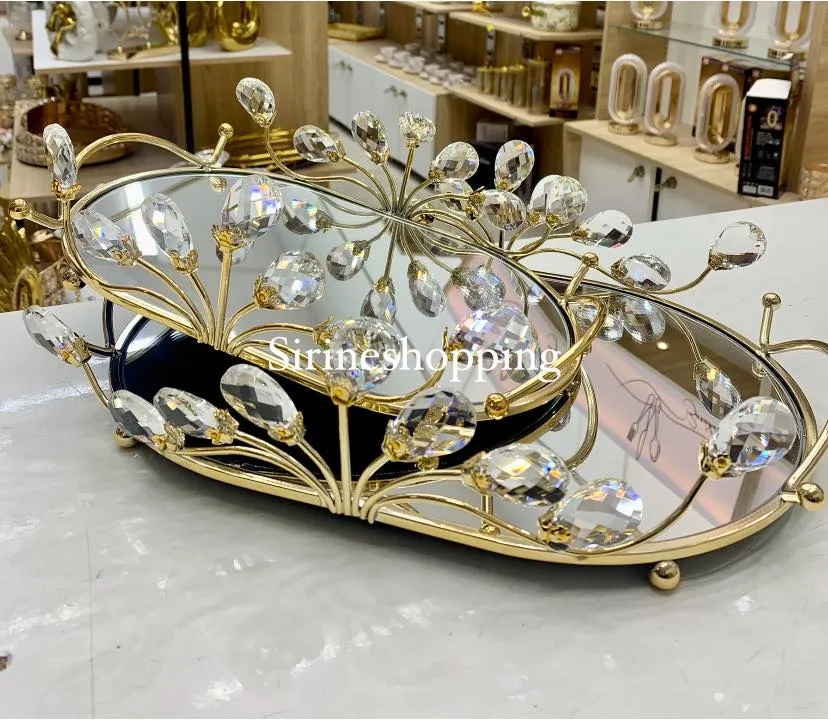 Plateau Décoratif Miroir Doré & Cristaux – Luxe & Élégance