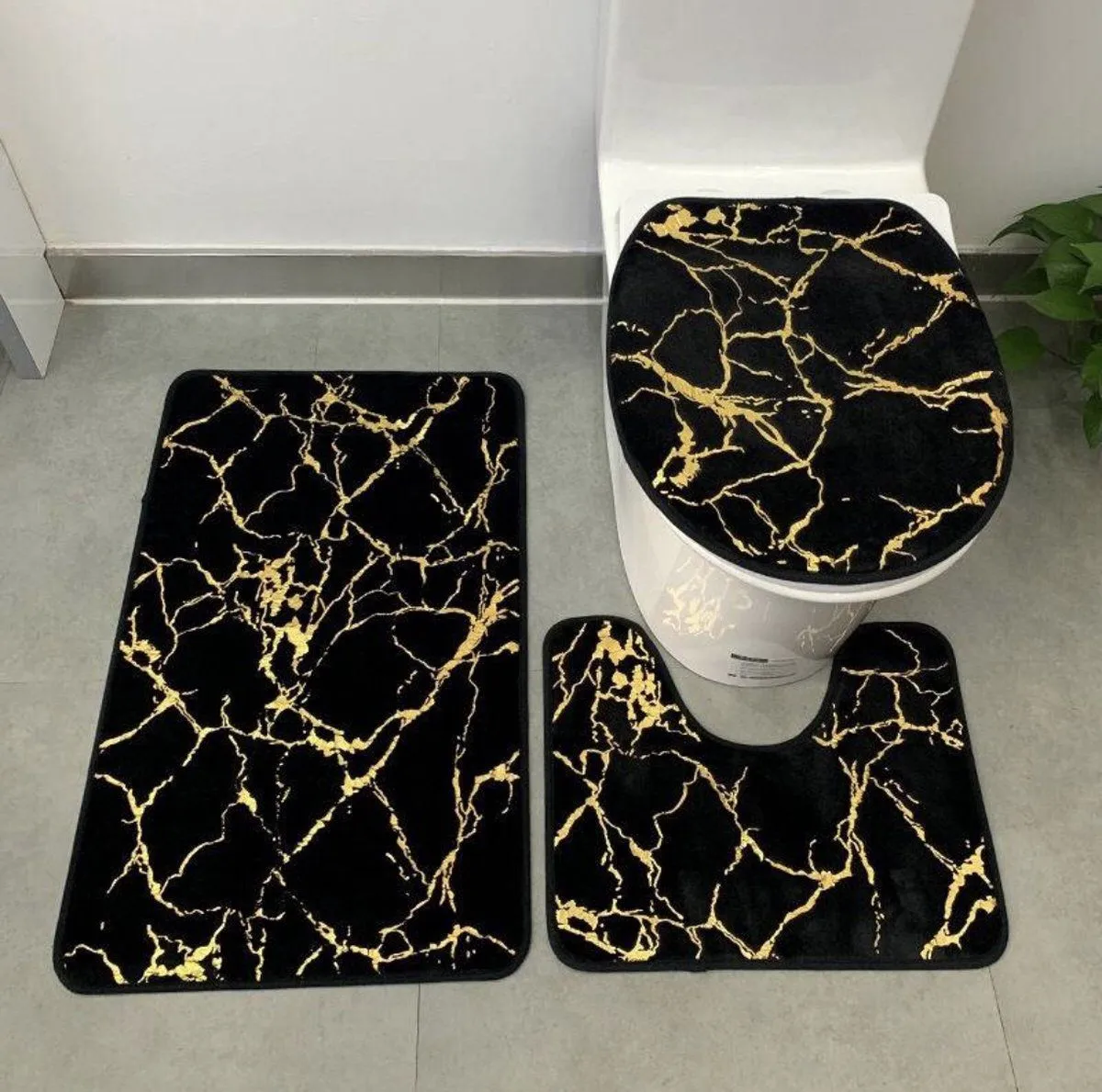 Ensemble 3 Tapis Salle de Bain Effet Marbre Noir & Or – Luxe & Élégance