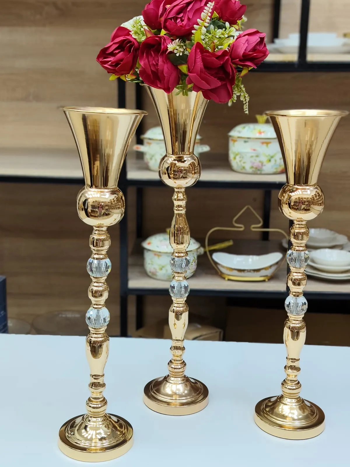 Lot 3 Vases Trompette Dorés en Acier Inoxydable