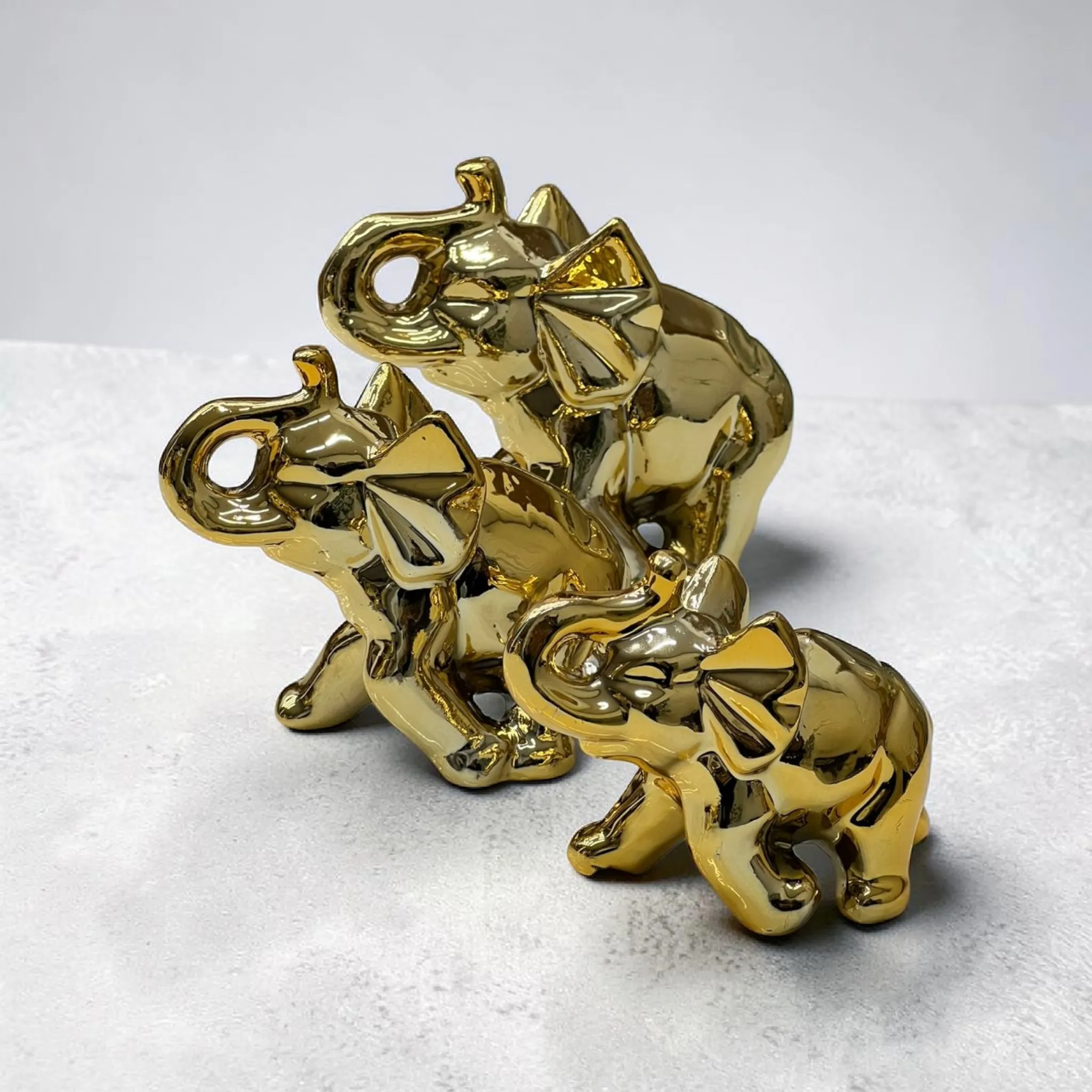 Set 3 Statues Éléphants Dorés Trompe Levée