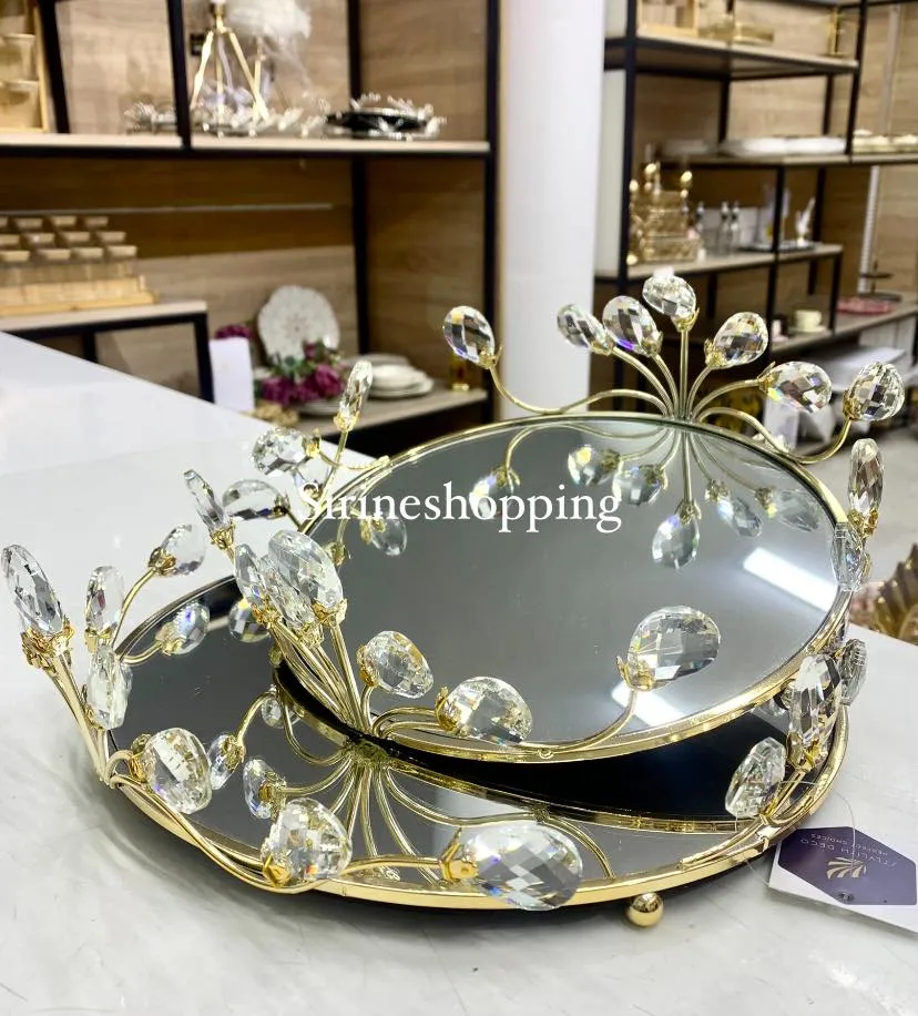 Plateau Décoratif Miroir Rond Doré & Cristaux – Pièce de Luxe
