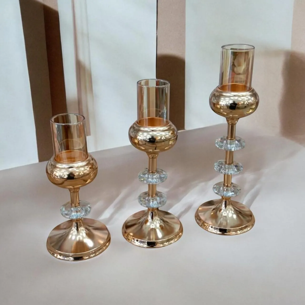 Set 3 Bougeoirs Dorés Globe Verre & Cristal