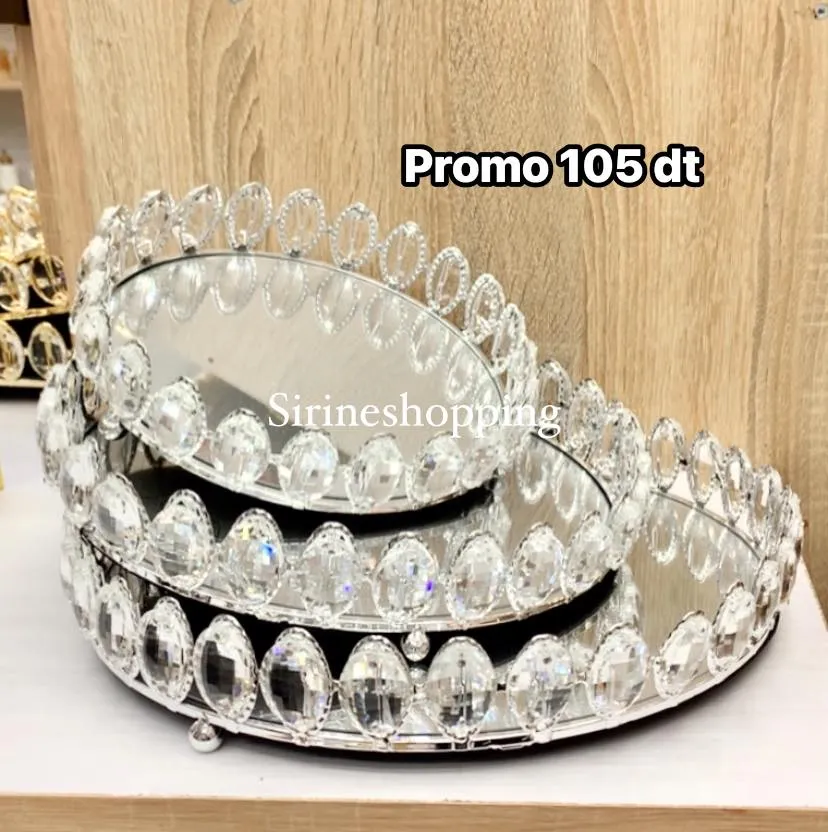 Plateau Miroir Décoratif avec Cristaux – Set de 3 Pièces