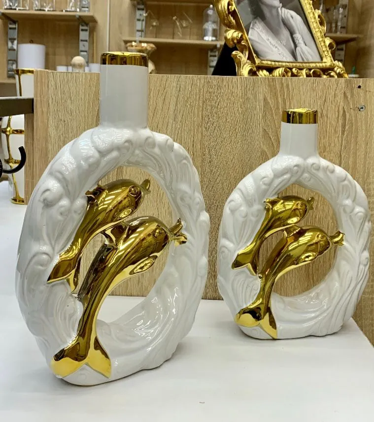 Vase décoratif blanc et doré – Dauphins de luxe
