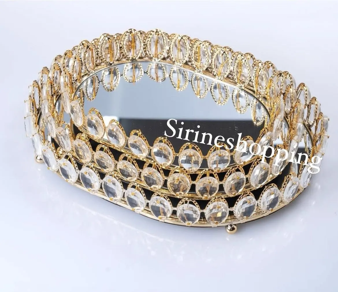 Set 3 Plateaux Miroir Ovale Doré & Cristaux – Élégance Sculptée - image 2