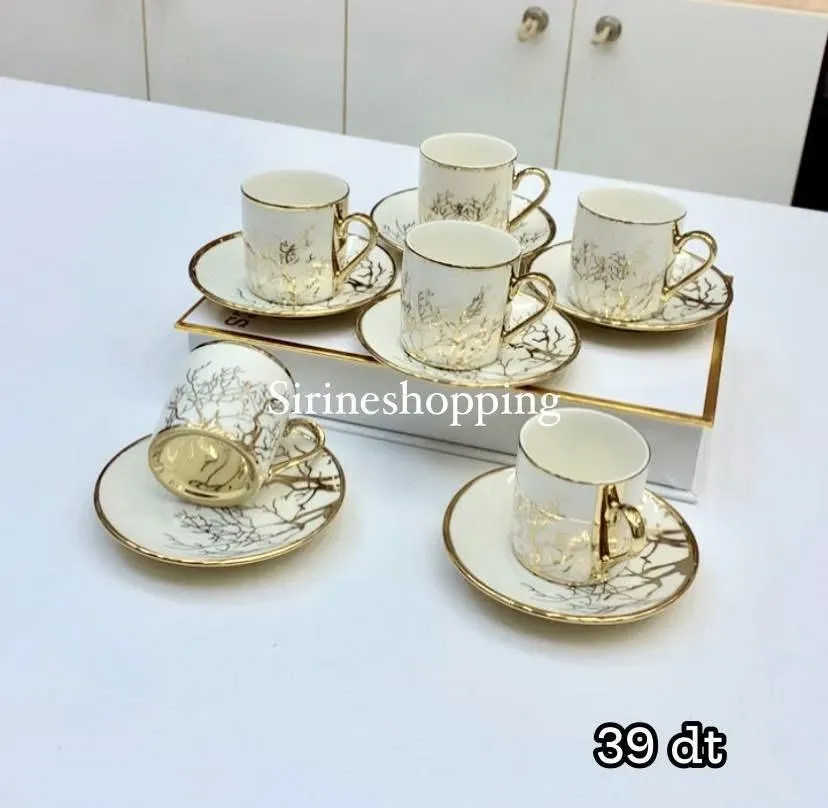 Service à Café Turc Ottoman – Porcelaine Dorée 6 Tasses - image 2