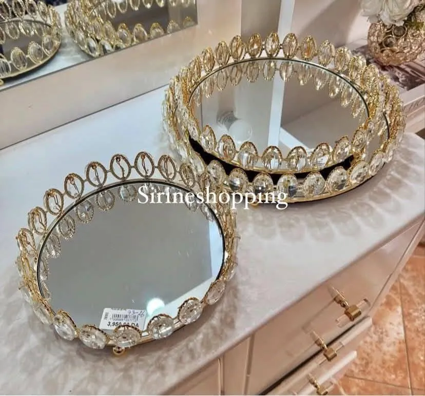 Plateau Miroir Décoratif avec Cristaux – Set de 3 Pièces ROND doré - image 2