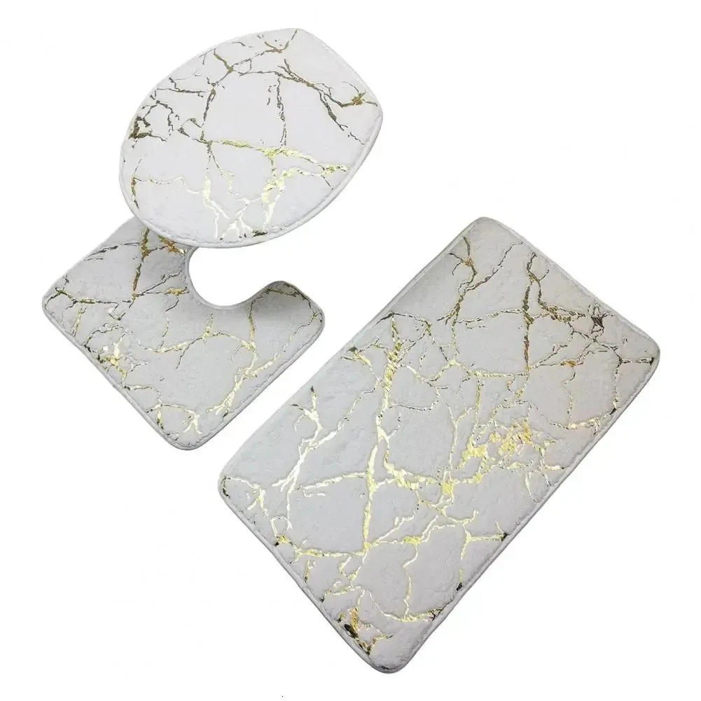 Ensemble 3 Tapis Salle de Bain Effet Marbre Blanc & Or – Pureté & Élégance Absolue - image 2