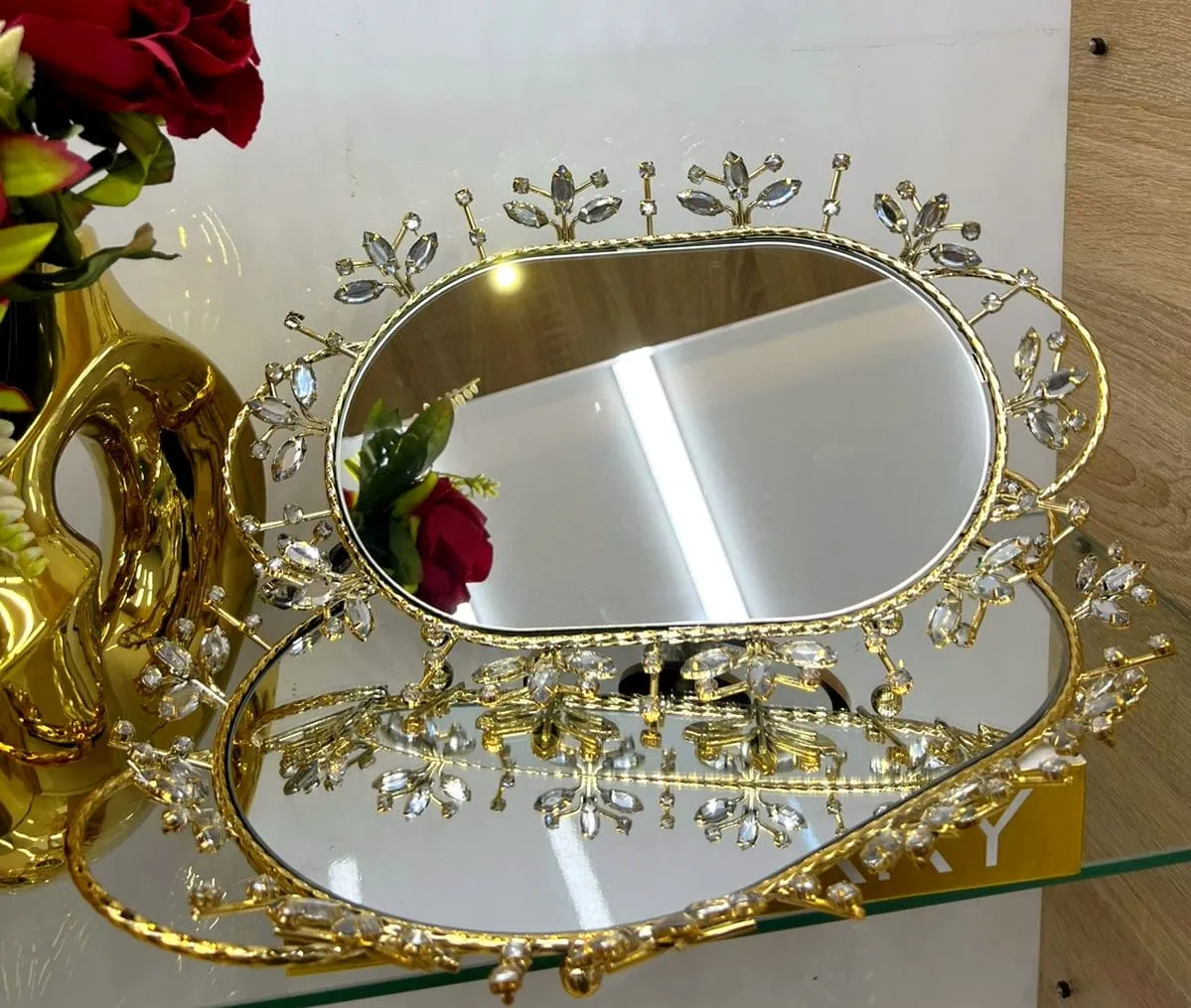 Plateau Décoratif Miroir – Structure Dorée & Cristaux Prestige - image 2