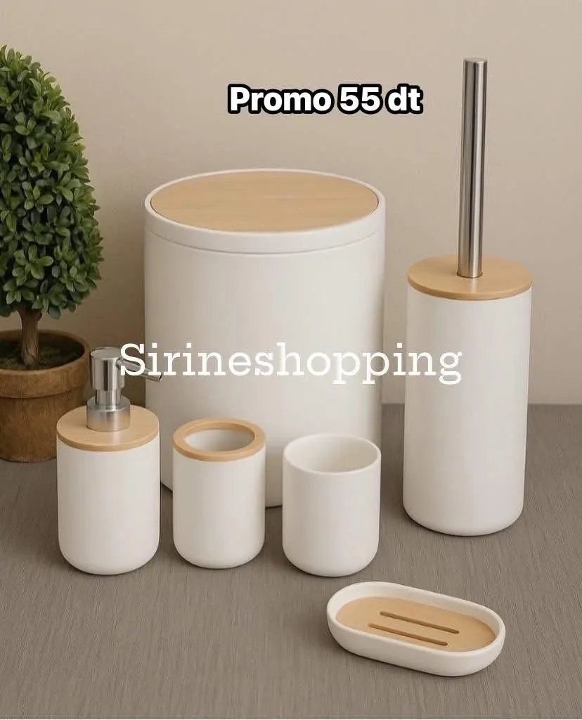 Ensemble Accessoires Salle de Bain CERBIOR 6 Pièces Blanc & Bois – Design Nature - image 2